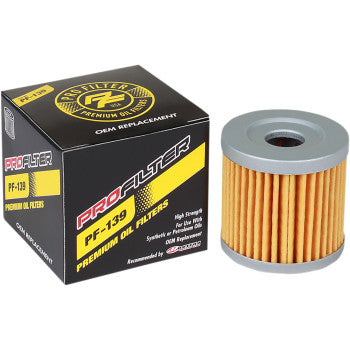 A Replacement Oil Filter by Pro Filter is shown next to its black and yellow box labeled PROFILTER PF-139 Premium Oil Filters and OEM Replacement, featuring a cylindrical design with micro-pore filtration.