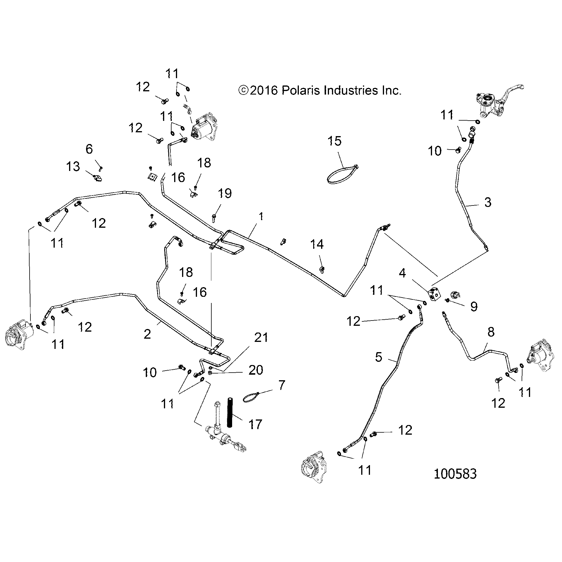 An Image of a Genuine Polaris Parts Schematic Diagram showing the schematic - BRAKES: BRAKE LINES - 2017 POLARIS SPORTSMAN 570 EFI X2 EPS