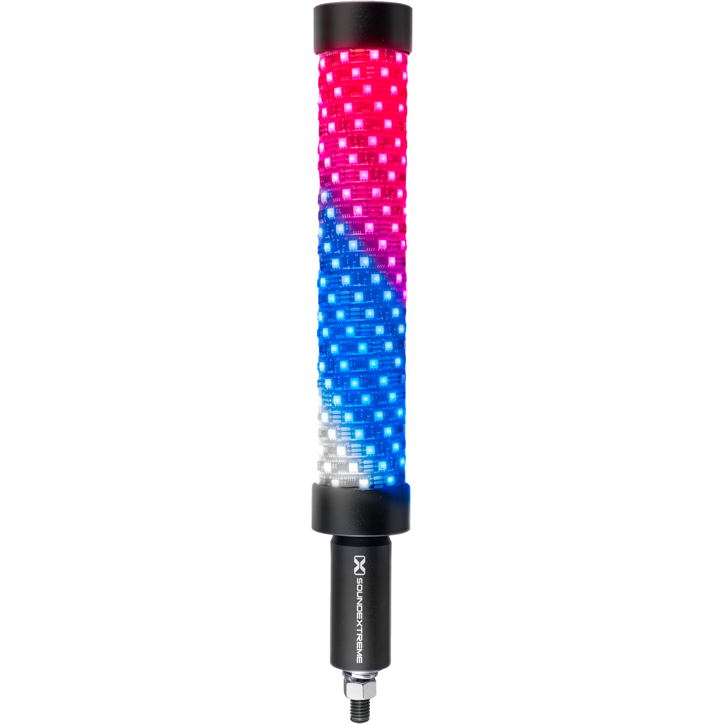The Phatstick 1' Whip & Controller by EcoXGear is a cylindrical LED whip with red, white, and blue spiral segments like a barber pole. It has a black base with the SilverTree logo and threaded connector—perfect for off-road vehicles.