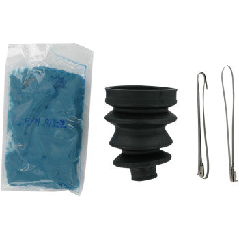 The Arctic Cat CV Boot Kit Front & Rear Inboard by Epi is shown on a white background with a black rubber boot, two silver metal clamps, and a clear packet of blue molybdenum disulfide grease for axle use.