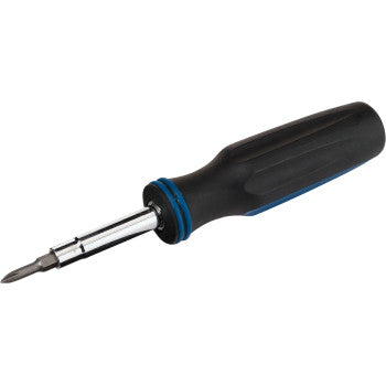 The Screw Driver Set - 6-in-1 by Moose features a black and blue universal handle, a detachable metal shaft, and flathead tip—perfect for any portable tool kit. Displayed against a white background.