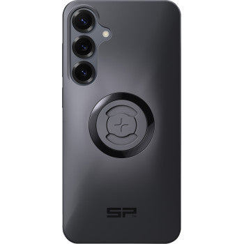 The Xtreme SPC+ Case S25 Edge by Sp Connect is a black case featuring a vertical triple rear camera cutout on the top left, a circular MagSafe-compatible magnetic mount at center back, and an SP logo at the bottom.
