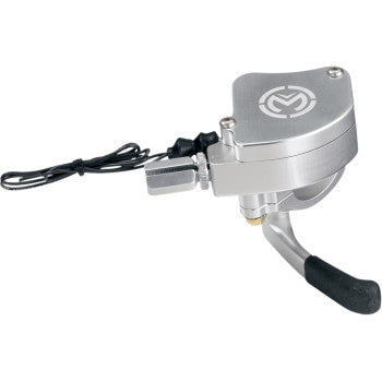 The Easy Pull Thumb Throttle Polished by Moose Offroad is a compact billet aluminum lever in silver with a curved black grip, black cable, and top logo—expertly made in the USA.
