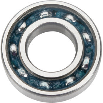 A close-up view of the Single Bearing 25 x 52 x 15 by Parts Unlimited, featuring ABEC #1 metal balls filled with blue grease, plus visible inner and outer rings.