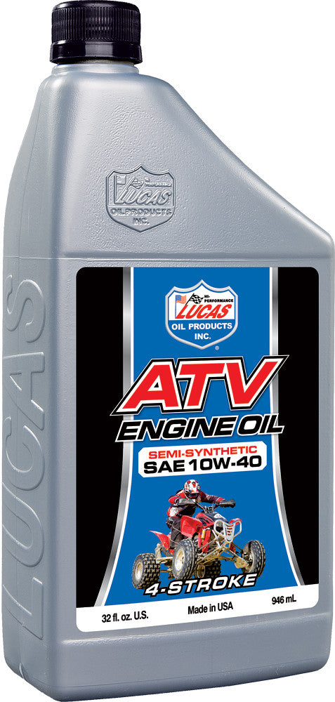 A one-quart gray bottle of Lucas Oil Semi-Synthetic UTV/ATV Engine Oil 10W40 features a red ATV and rider on the label, with bold product branding and JASO specs.