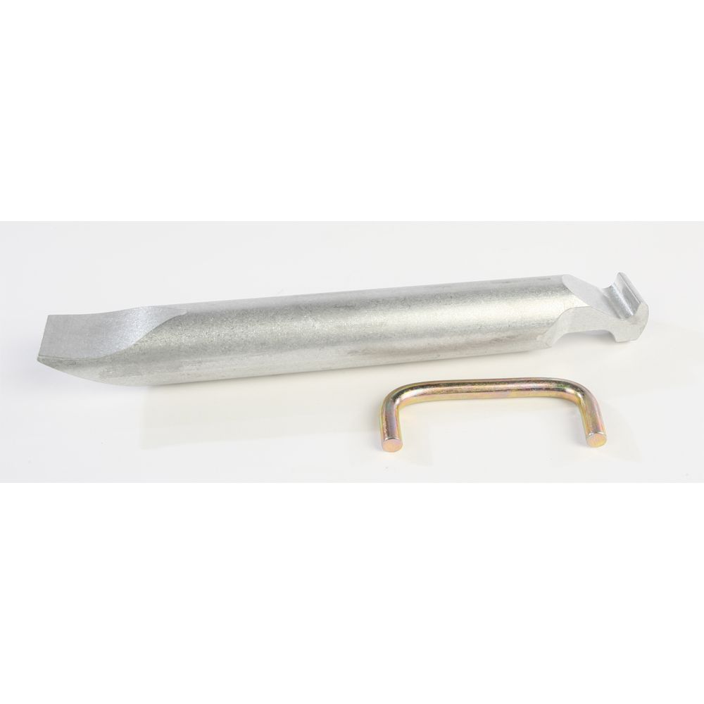 The Clutch Tool W/Sheave Clamp by SLP, featuring a silver metal lever with a curved tip and a small U-shaped removal tool, is ideal for quick replacement tasks and is displayed on a white background.