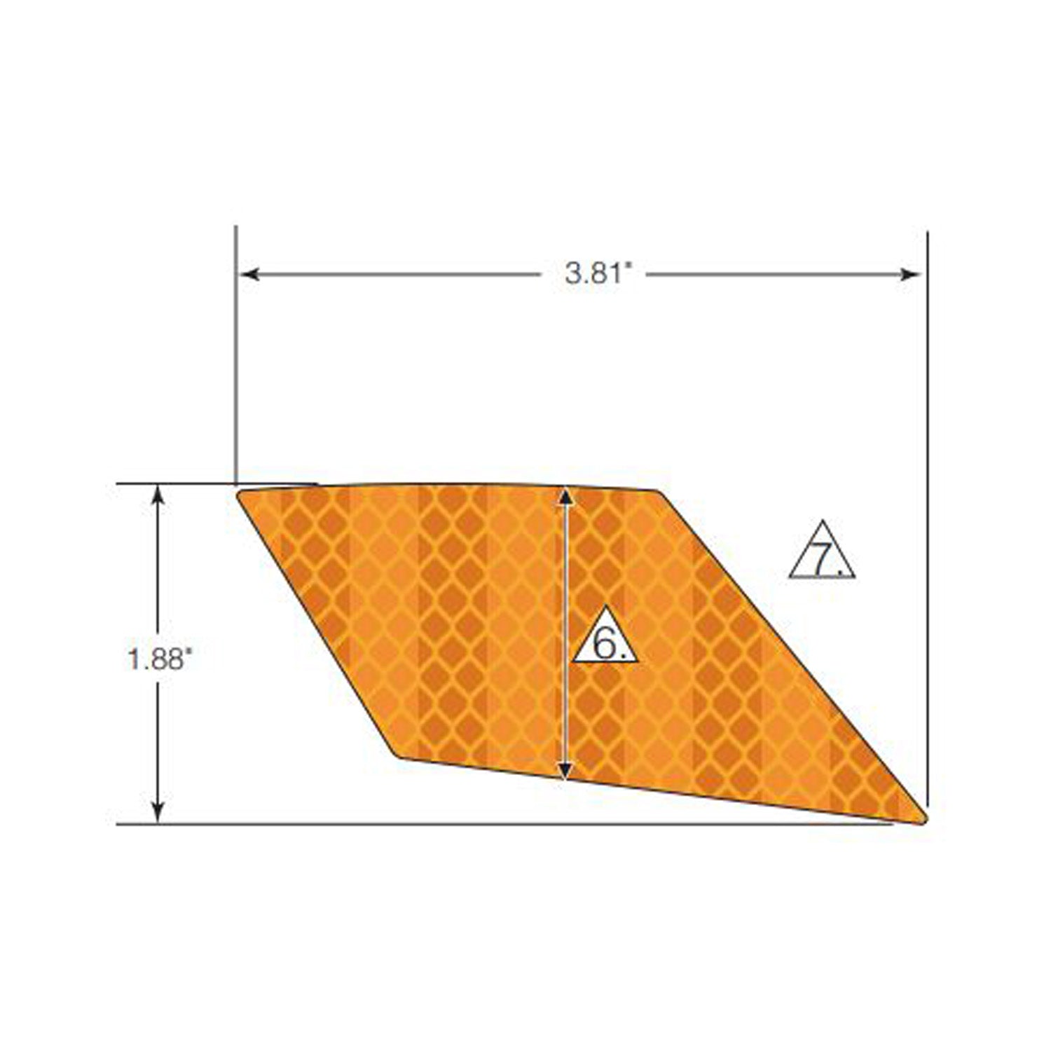 Amber triangular reflector decal with honeycomb texture, measuring 3.81 by 1.88 inches.