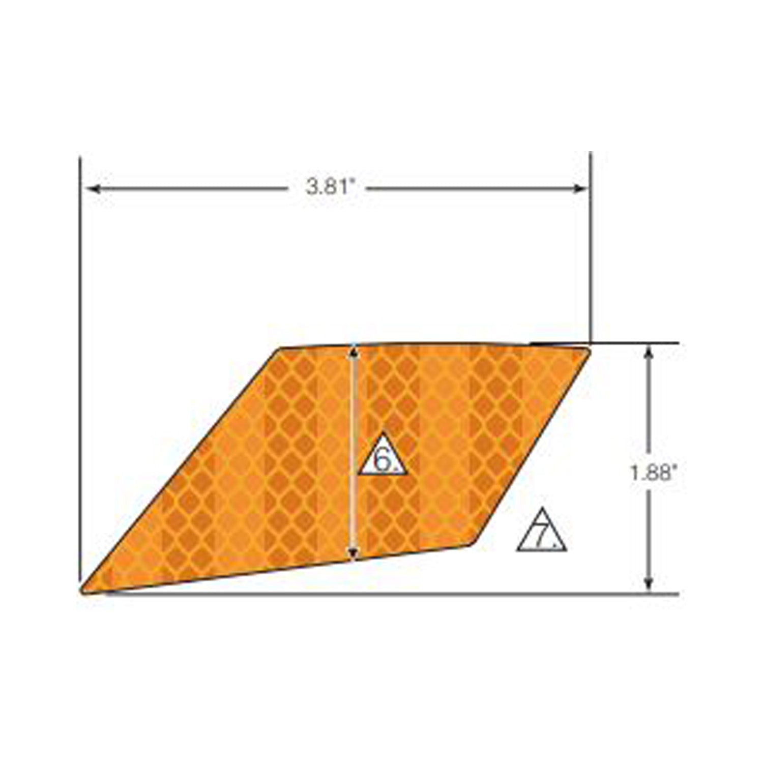 Angular amber reflector decal with honeycomb pattern, measuring 3.81 by 1.88 inches.