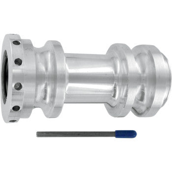 The Yamaha YFZ Axle Carrier Super Twin by Lone Star Racing is a shiny, cylindrical metal part with flanges, grooves, and high-load sealed bearings, shown next to a small rod with a blue cap on a white background.