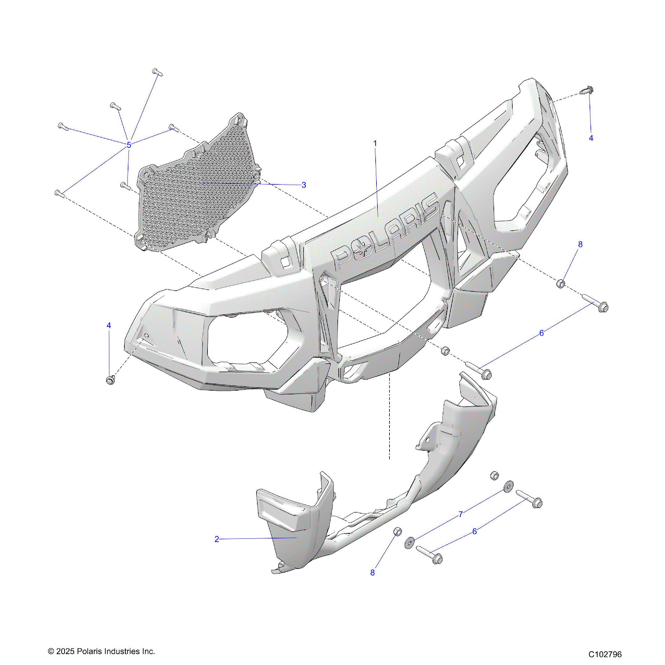 An Image of a Genuine Polaris Parts Schematic Diagram showing the schematic - BODY: FRONT BUMPER and MOUNTING - 2026 POLARIS SPORTSMAN TOURING XP 1000