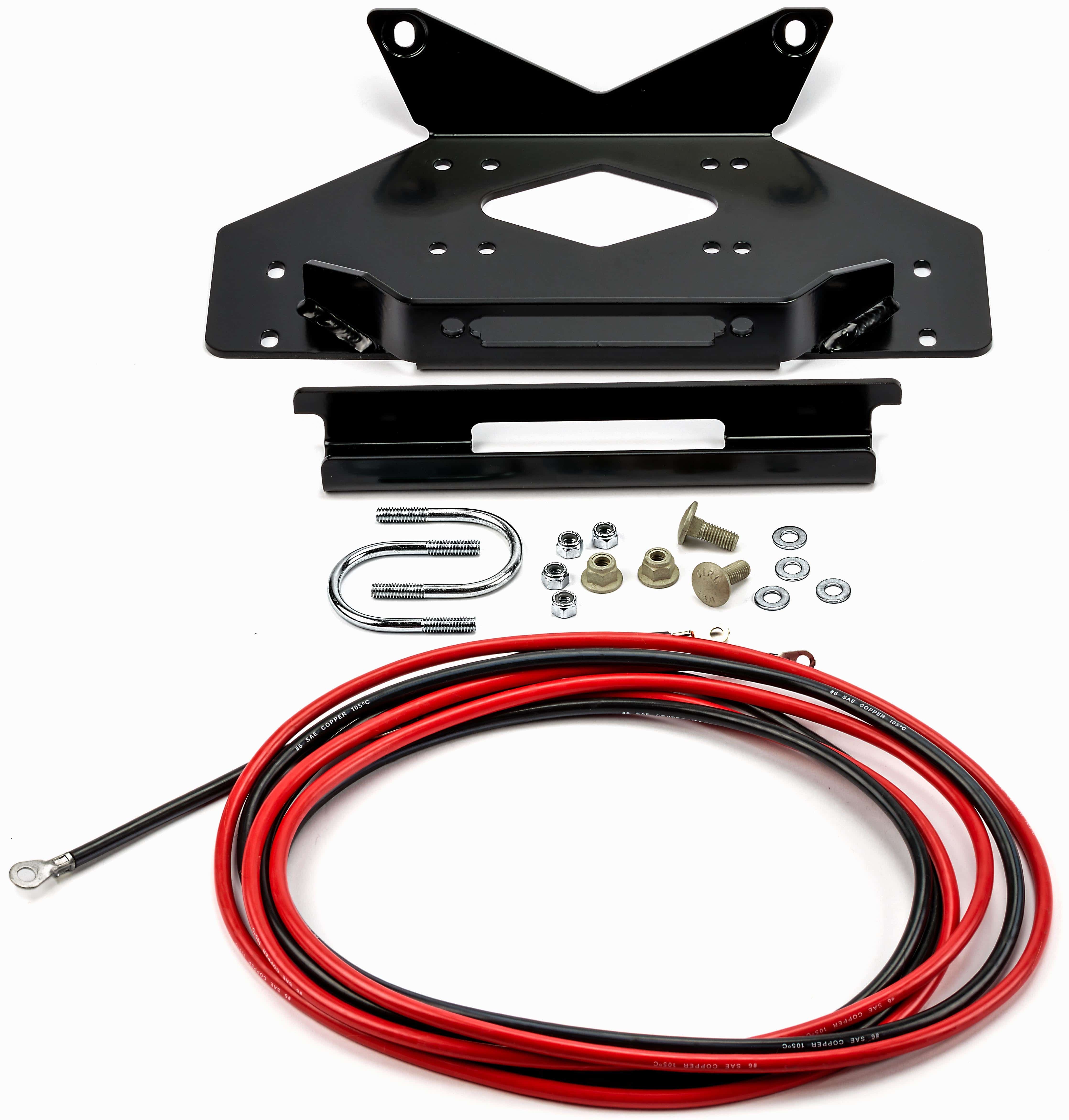 The Kawasaki Mule Pro SXS Winch Mounting Kit By Warn includes a black metal plate, corrosion-resistant hardware, U-bolts, nuts, washers, and a red and black power cable—presented on a white background for quality assurance.