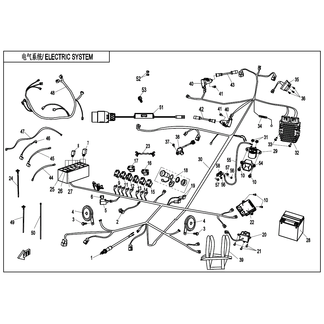 An Image of a Genuine CFMOTO Parts Schematic Diagram showing the schematic - ELECTRIC SYSTEM - 2020 CFMOTO ZFORCE 800 Trail