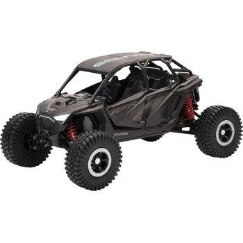 The Polaris RZR Pro R4 Rock Crawler 1:18 Scale Stealth Black by New Ray Toys features rugged tires, visible suspension springs, and an open-frame design—ideal for off-road fun and perfect as a collectible toy.