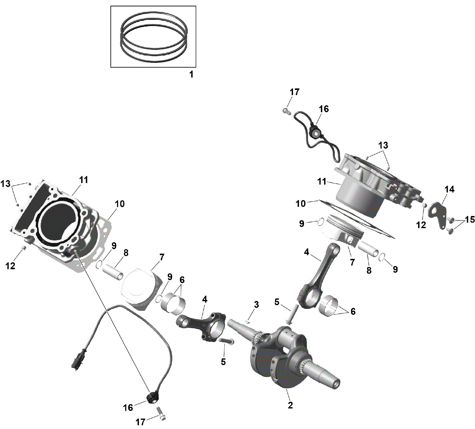 An Image of a Genuine Can-Am Parts Schematic Diagram showing the schematic - ROTAX - CRANKSHAFT PISTONS AND CYLINDER