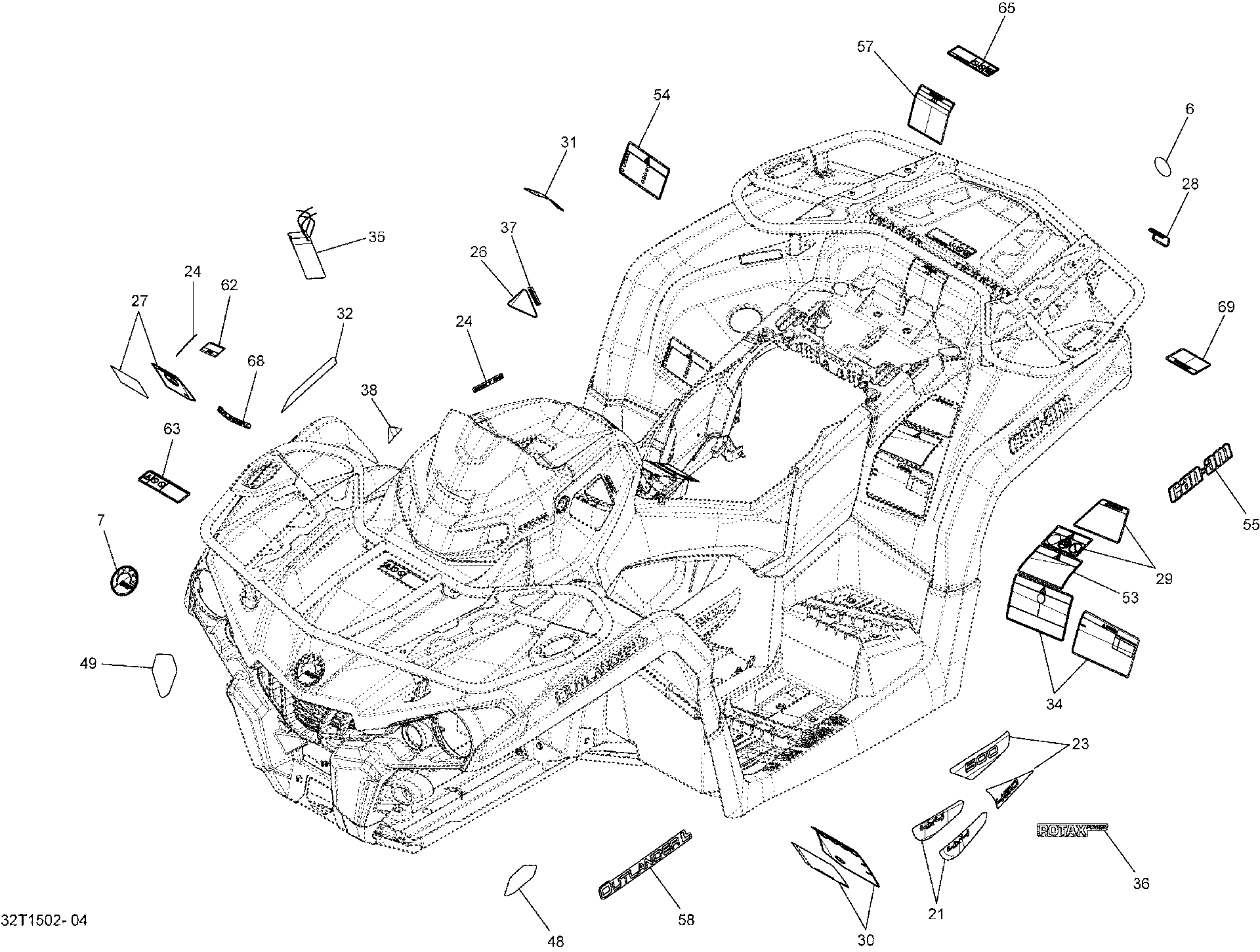 An Image of a Genuine Can-Am Parts Schematic Diagram showing the schematic - DECALS _32T1502