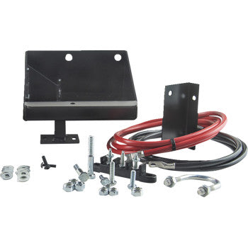 The Battery Relocation Kit by Quad Logic features a heavy gauge steel black mounting bracket and includes red and black cables, screws, bolts, washers, nuts, and connectors—all displayed on a white background.