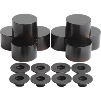 Eight black cylindrical metal lift spacers and eight matching washers for the Indian Shim Conversion Kit - Polaris | | Victory by Hot Cams, shown grouped on a white background.
