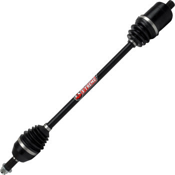 Black heavy-duty Polaris RZR axle with ribbed rubber boots and red Demon logo decal.