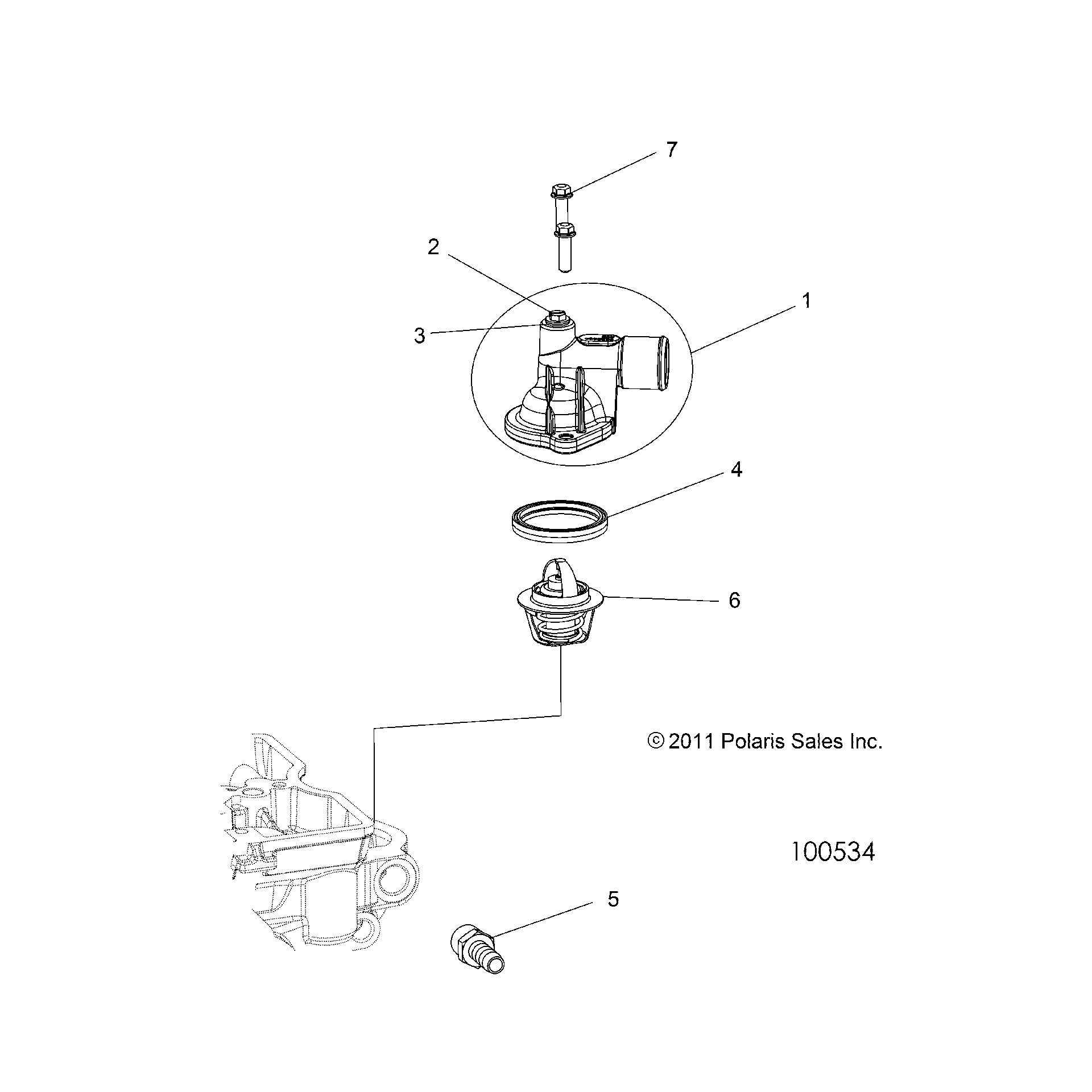 An Image of a Genuine Polaris Parts Schematic Diagram showing the schematic - ENGINE: THERMOSTAT and COVER - 2017 POLARIS ACE 500 SOHC