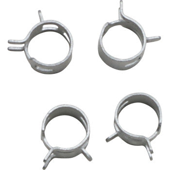 Four silver wire clamps from the All Balls Wire Clamp Refill Kit 4 Pack, shown on a white background—perfect for securing hoses in any quality fuel line clamp kit.