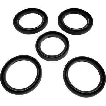 Five black circular seals from the Differential Seal Kit Rear by Epi are arranged on a white background—four in a square and one in the center—showcasing their oil-resistant NBR design, perfect for differential rebuilds.