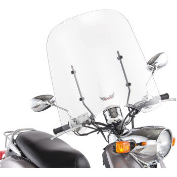 A motorcycle fitted with a Slipstreamer Universal Windshield (24 x 24) mounted above the handlebars, showing rearview mirrors and front lights. The large, slightly curved clear windshield offers excellent wind protection.