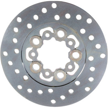 The Polaris - Honda ATV Brake Rotor by Ebc is a round carbon steel rotor with multiple evenly spaced scraper holes on the outer edge and a patterned center, displayed against a white background.