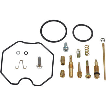 The Arctic Cat Carburetor Repair Kit by Shindy features main and pilot jets, float valves, rubber O-rings, a spring, screws, needle valve, and gasket—all neatly arranged on a white background.