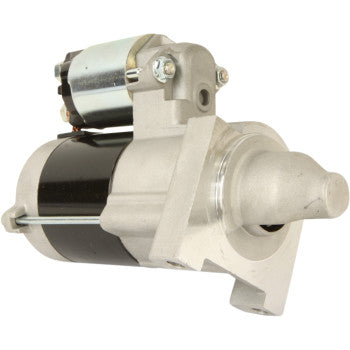 A Starter Motor by Parts Unlimited, featuring a silver and black cylindrical body with an insulated armature and mounting bracket, is shown angled against a plain white background.