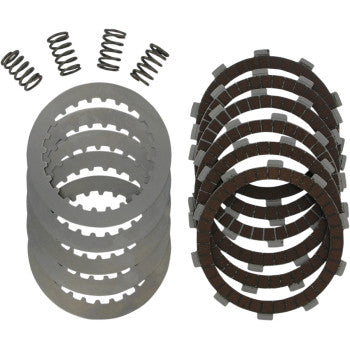 Clutch Kit by Dp Brakes for off-road bikes includes five metal plates, five dark friction plates, and five small coil springs, all neatly arranged on a white background.