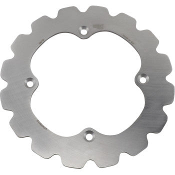 The Can Am UTV Rotor by Ebc is a silver, round, heat-treated stainless steel disc with a wavy edge and three spaced center holes, designed for durability and performance.