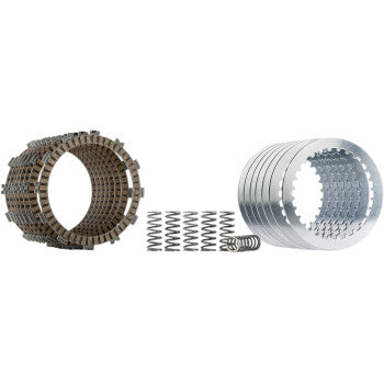 The Clutch Plate Kit Complete Fiber Steel by Hinson Racing—including clutch plates, springs, and friction discs—is perfectly arranged in rows on a white background, ideal for use with OEM or Hinson clutch baskets.
