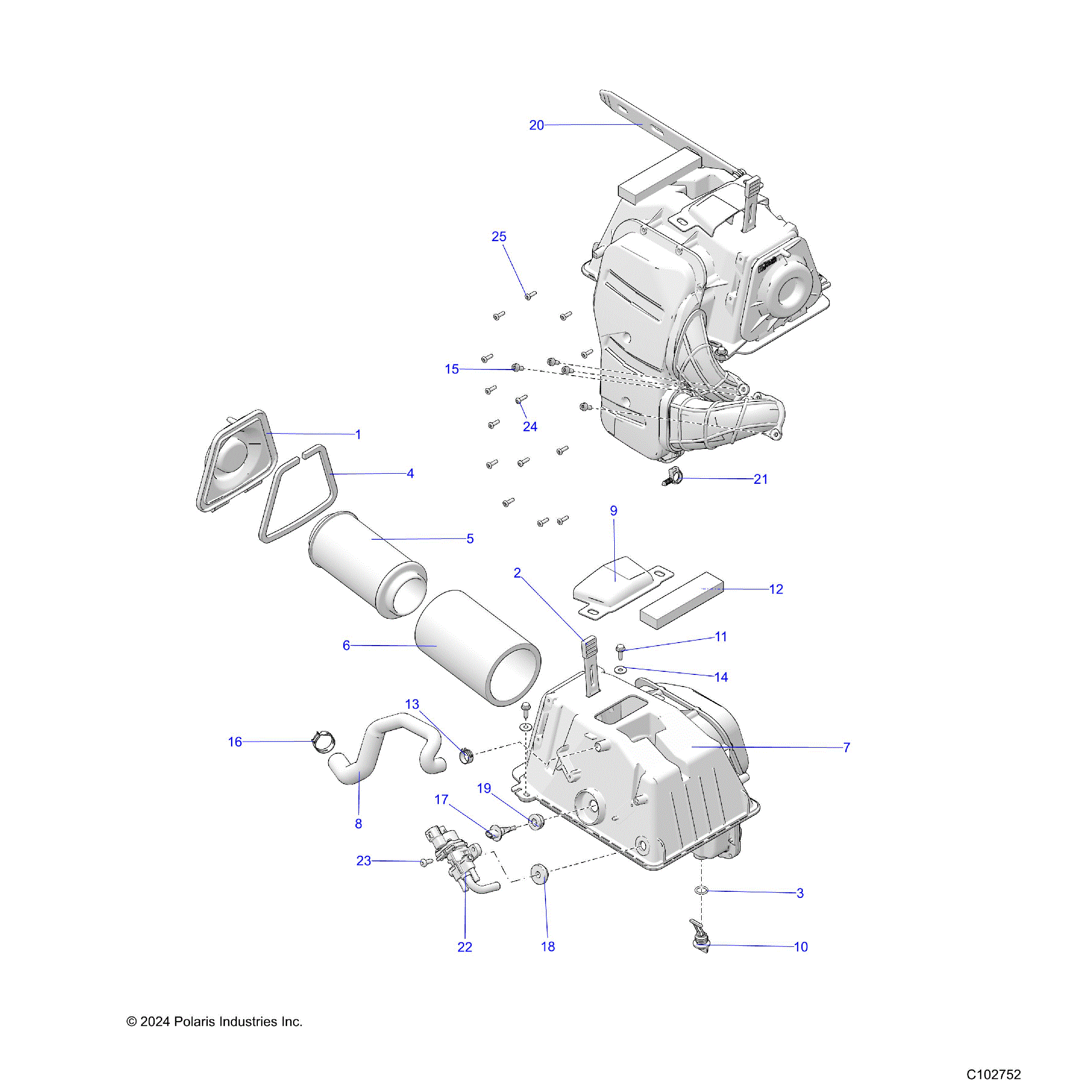 An Image of a Genuine Polaris Parts Schematic Diagram showing the schematic - ENGINE: AIR INTAKE - 2025 POLARIS SCRAMBLER 850 48"