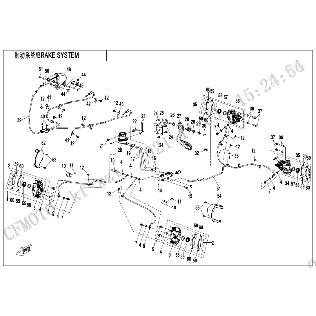 An Image of a Genuine CFMOTO Parts Schematic Diagram showing the schematic - BRAKE SYSTEM - 2022 CFMOTO ZFORCE 950 EX