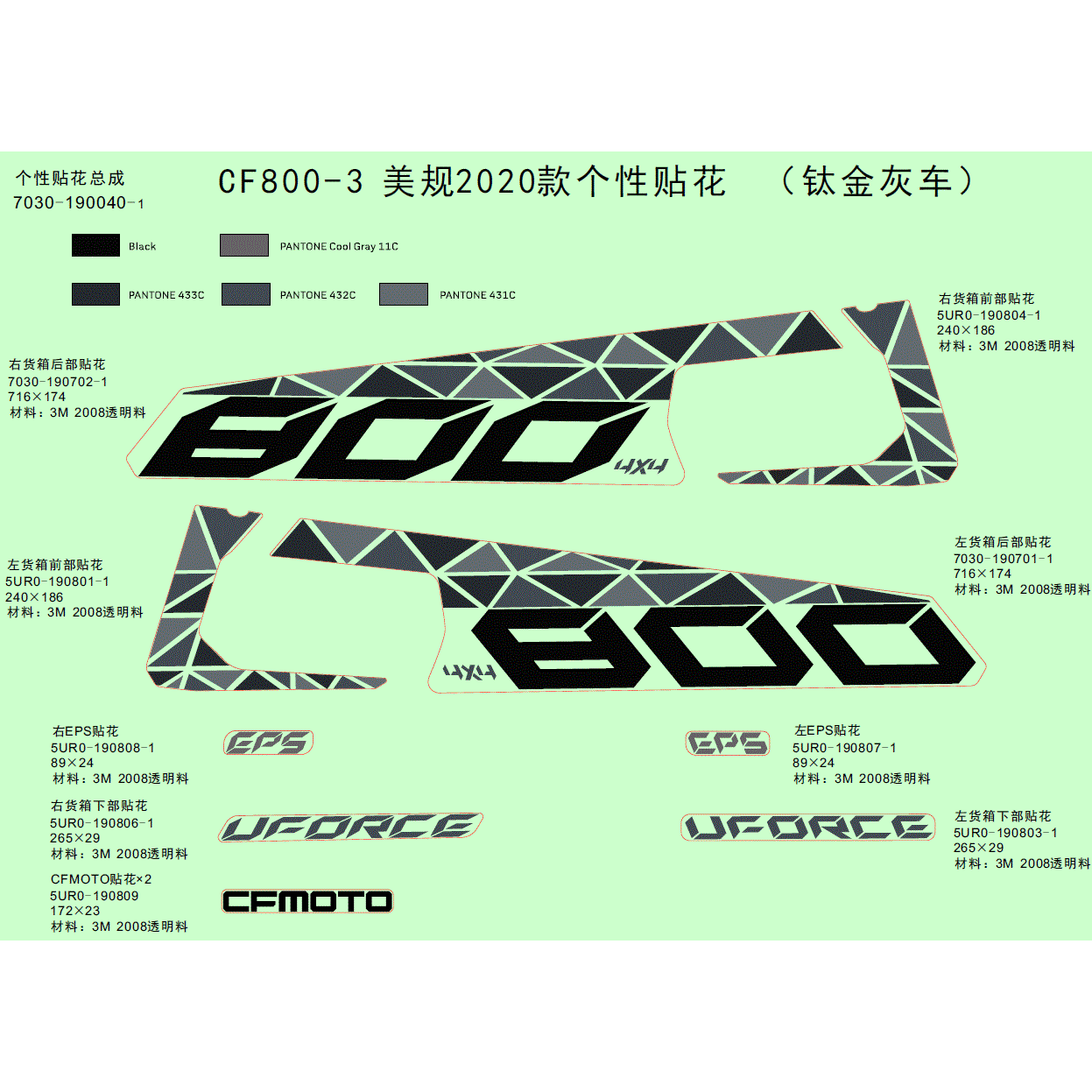 An Image of a Genuine CFMOTO Parts Schematic Diagram showing the schematic - DECAL KITS (2020 - 2020 CFMOTO UFORCE 800