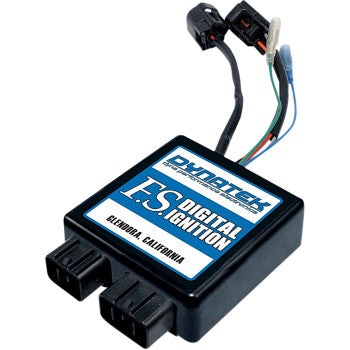 The Yamaha Programmable Ignition System by Dynatek is a black module with multiple wires and connectors, featuring a blue and white FS Digital Ignition, Glendora, California label and supports programmable advance curves for optimal performance.