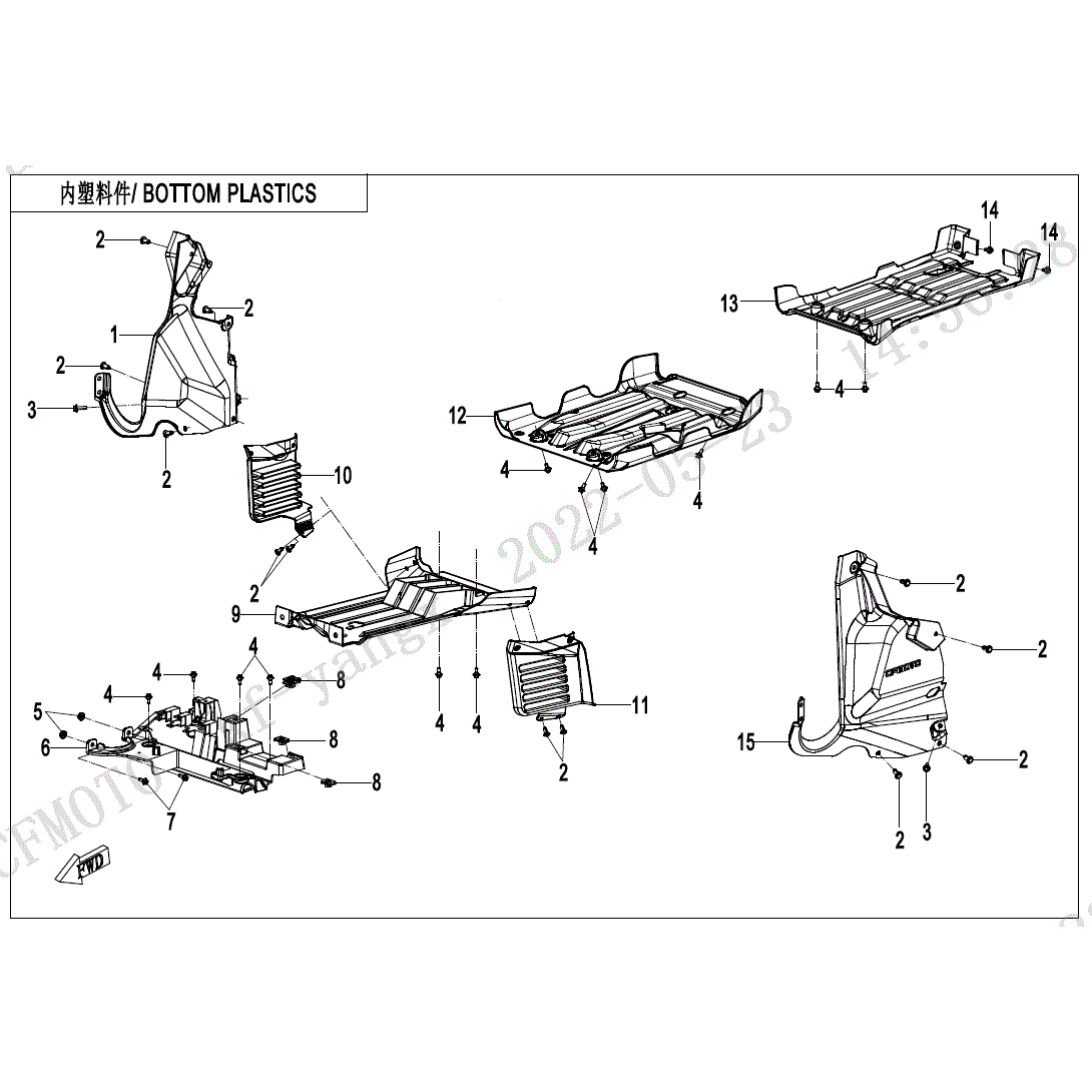An Image of a genuine CFMOTO Parts Schematic Diagram showing the group - BOTTOM PLASTICS - 2023 CFMOTO CFORCE 600