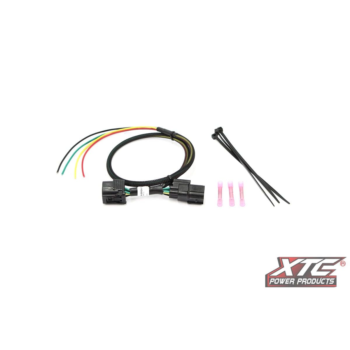 The Plug N Play Power Out Tail Light Hon by XTC Power features black connectors, four colored wires, three zip ties, and three pink heat shrink connectors, all shown on a white background with the XTC Power Products logo in the bottom right corner.