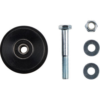 The Chain Roller DS650 Black by T.M. Designworks, featuring a black rubber roller with sealed bearings, a silver bolt, hex nut, and two flat washers, is arranged neatly on a white background.