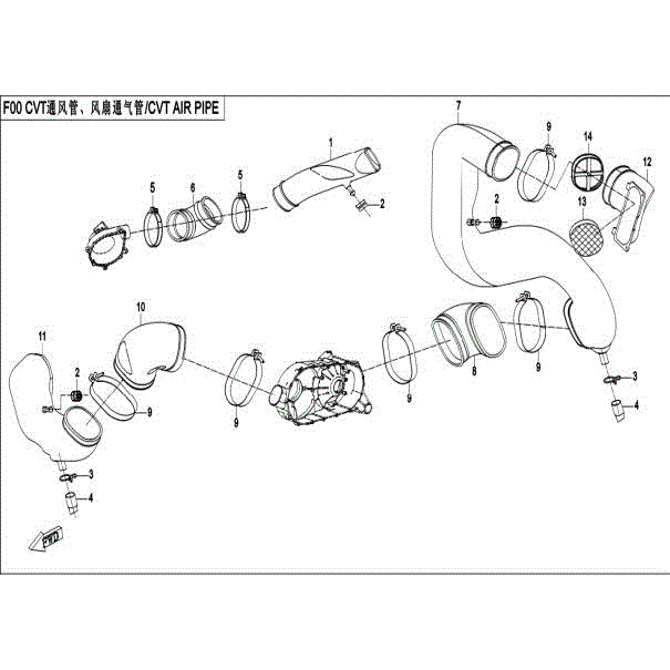 An Image of a Genuine CFMOTO Parts Schematic Diagram showing the schematic - CVT AIR PIPE - 2016 CFMOTO ZFORCE 800 Trail