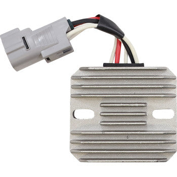 The Yamaha Regulator / Rectifier by Rick's Motorsport Electric is a rectangular, OEM-style unit with cooling fins, featuring a gray electrical connector and multiple colored wires.