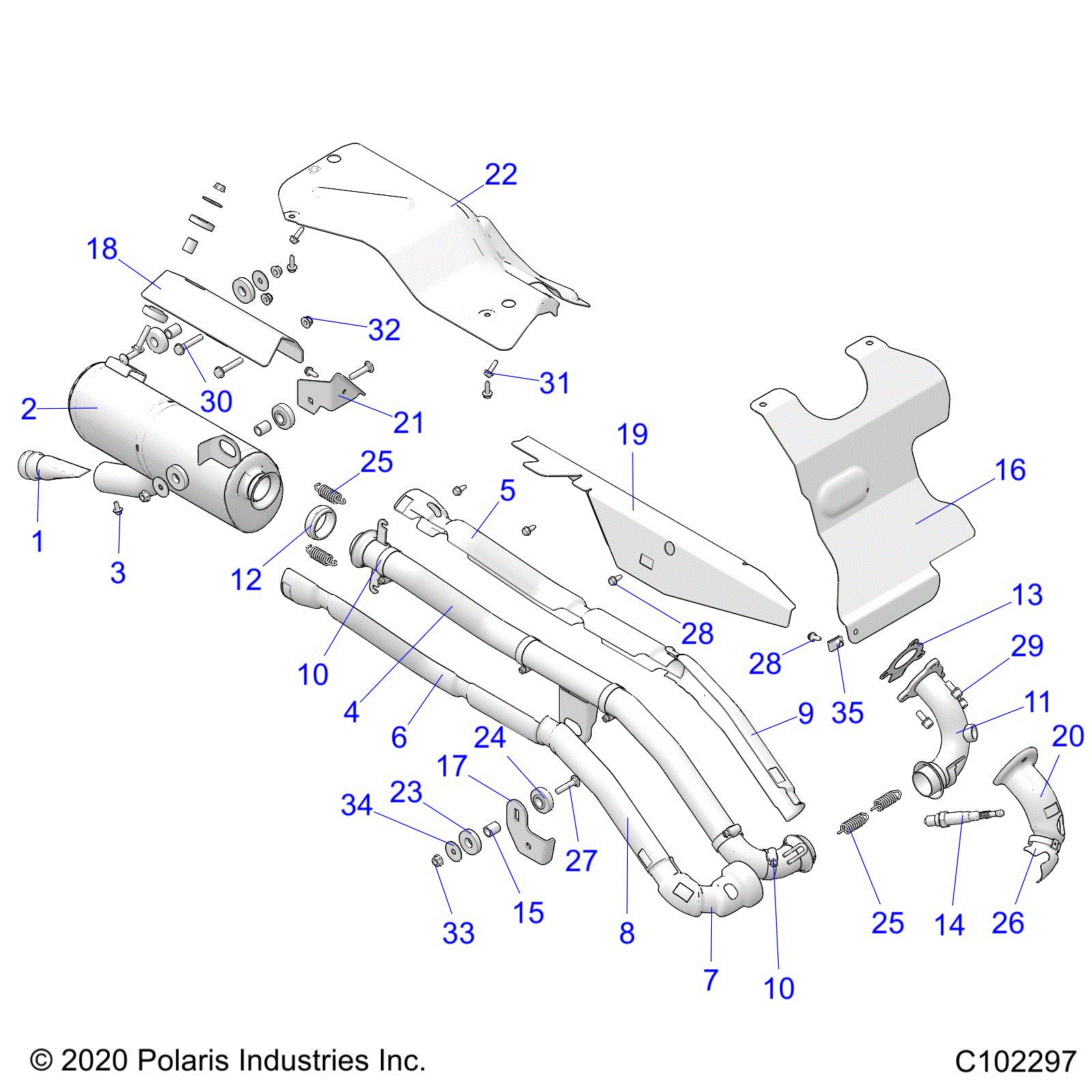 An Image of a Genuine Polaris Parts Schematic Diagram showing the schematic - ENGINE: EXHAUST - 2021 POLARIS SPORTSMAN 570 UTILITY EPS