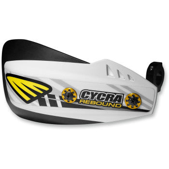 The Rebound Hand Guards White by Cycra feature black and yellow accents, bold CYCRA REBOUND branding, two mounting screws on a curved panel, and strong billet aluminum mounts for extra protection.