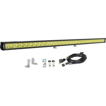 The Vision X Light Bar XPL 40" LED with a selective yellow lens features ultra-slim housing, mounting brackets, screws, washers, and a coiled black wiring harness, shown on a white background.