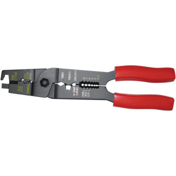 The 7-Way Wire Crimper Tool by Dynatek features black construction with red insulated grips, designed for cutting and stripping electrical and ignition wires of varying sizes, plus crimping solderless terminals.