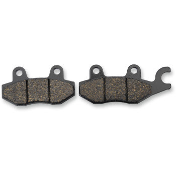 Pair of black and brown textured SBS offroad brake pads with metal backing and mounting tabs.