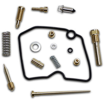 The Arctic Cat Carburetor Repair Kit by Shindy includes main jets, needles, springs, washers, float valves, and a black gasket, all shown arranged on a white background.