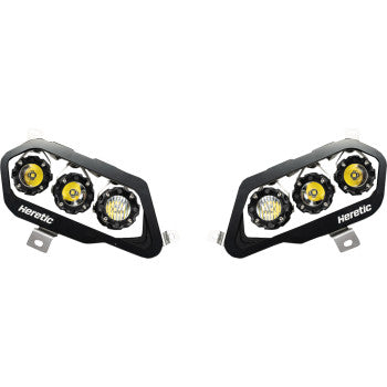 A pair of Yamaha YXZ Headlights by Heretic featuring three circular yellow and white CREE LEDs in each light, black finish, and durable aircraft-grade aluminum brackets.