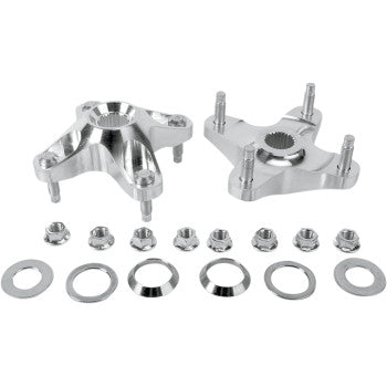 The Yamaha Wheel Hub Rear by Lone Star Racing, featuring a silver metallic finish and four studs, offers weight savings over OEM steel hubs and comes with matching washers and nuts, all neatly displayed on a white background.
