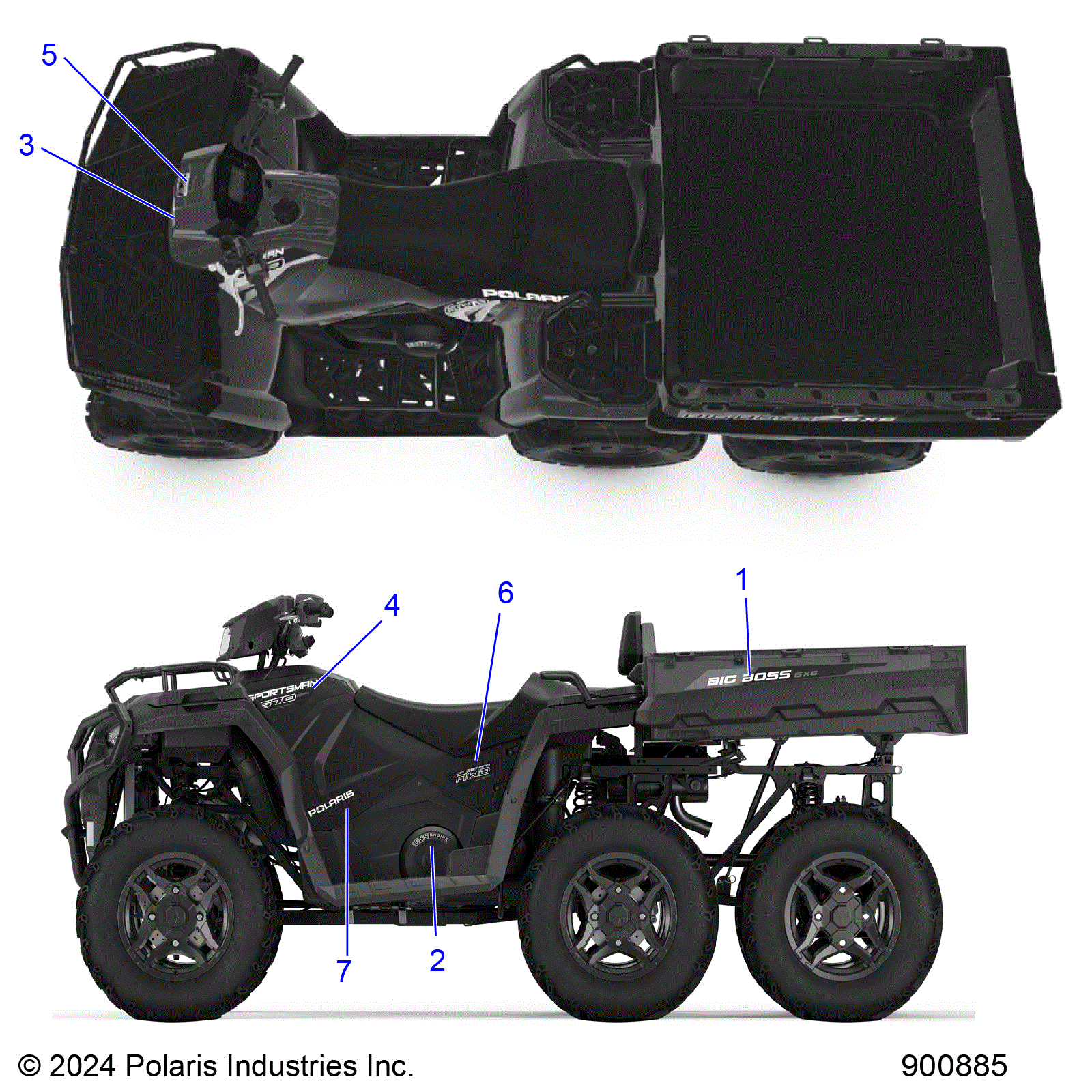 An Image of a Genuine Polaris Parts Schematic Diagram showing the schematic - BODY: DECALS GRAPHICS - 2025 POLARIS SPORTSMAN 570 6X6 EPS 49S